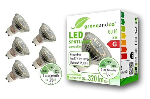 greenandco 5x CRI 90+ GU10 LED Spot dimmbar ohne Dimmer, 5W 320 lm 110° 3000K warmweiß 230V, flimmerfrei, 2 Jahre Garantie von greenandco