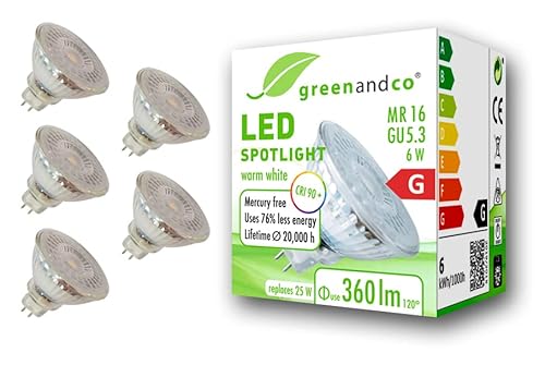 greenandco 5x CRI 90+ MR16 GU5.3 LED Spot, 6W 360 lm 110° 3000K warmweiß 12V AC/DC, nicht dimmbar, 2 Jahre Garantie von greenandco