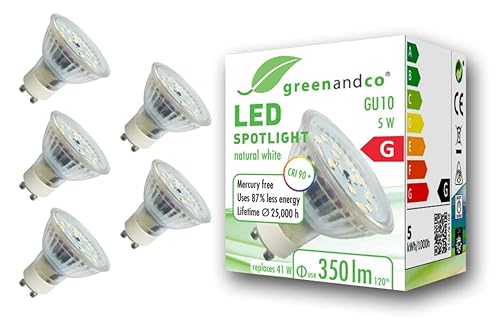 5x greenandco® CRI 90+ GU10 LED Spot, 5W 350 lm 110° 4000K neutralweiß 230V, flimmerfrei, nicht dimmbar, 2 Jahre Garantie von greenandco