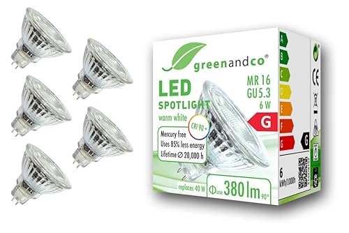 greenandco 5x CRI 90+ MR16 GU5.3 LED Spot, 6W 380 lm 36° 3000K warmweiß 12V AC/DC, nicht dimmbar, 2 Jahre Garantie von greenandco