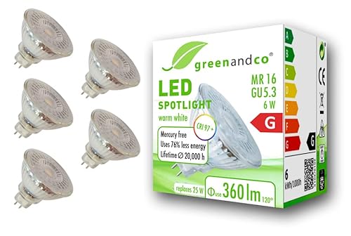 greenandco 5x CRI 97+ MR16 GU5.3 LED Spot, 6W 360 lm 110° 2700K warmweiß 12V AC/DC, nicht dimmbar, 2 Jahre Garantie von greenandco