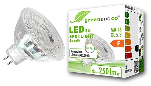 greenandco® CRI 90+ MR16 GU5.3 dimmbarer LED Spot, 3W 250 lm 38° 2700K warmweiß 12V AC/DC, 2 Jahre Garantie von greenandco