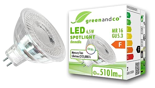 greenandco® CRI 90+ MR16 GU5.3 dimmbarer LED Spot, 6,5W 510 lm 38° 3000K warmweiß 12V AC/DC, 2 Jahre Garantie von greenandco