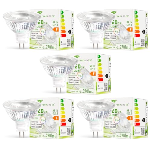 greenandco 5x CRI 90+ MR16 GU5.3 LED Spot, 3W 270 lm 38° 2700K warmweiß COB LED 12V AC/DC, nicht dimmbar, 2 Jahre Garantie von greenandco