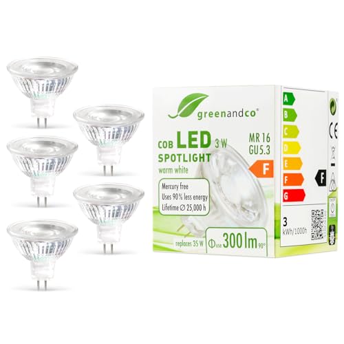 greenandco 5x MR16 GU5.3 LED Spot, 3W 300 lm 38° 2700K warmweiß COB LED 12V AC/DC, nicht dimmbar, 2 Jahre Garantie von greenandco