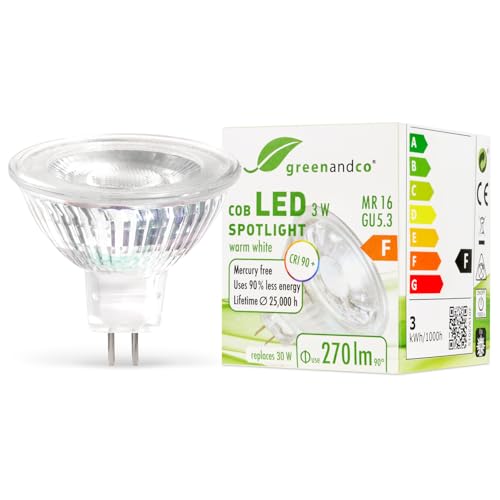 greenandco® CRI 90+ MR16 GU5.3 LED Spot, 3W 270 lm 38° 2700K warmweiß COB LED 12V AC/DC, nicht dimmbar, 2 Jahre Garantie von greenandco