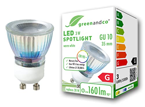 greenandco® CRI 90+ GU10 35mm LED Spot, 3W 160 lm 50° 3000K warmweiß 230V, flimmerfrei, nicht dimmbar, 2 Jahre Garantie von greenandco
