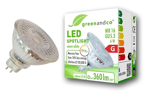 greenandco® CRI 90+ MR16 GU5.3 LED Spot, 6W 360 lm 110° 3000K warmweiß 12V AC/DC, nicht dimmbar, 2 Jahre Garantie von greenandco