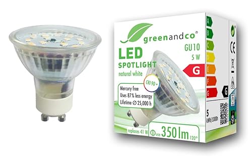 greenandco® CRI 90+ GU10 LED Spot, 5W 350 lm 110° 4000K neutralweiß 230V, flimmerfrei, nicht dimmbar, 2 Jahre Garantie von greenandco