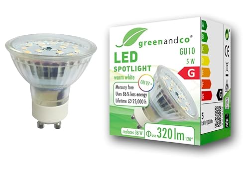 greenandco® CRI 97+ GU10 LED Spot, 5W 320 lm 110° 2700K warmweiß 230V, flimmerfrei, nicht dimmbar, 2 Jahre Garantie von greenandco