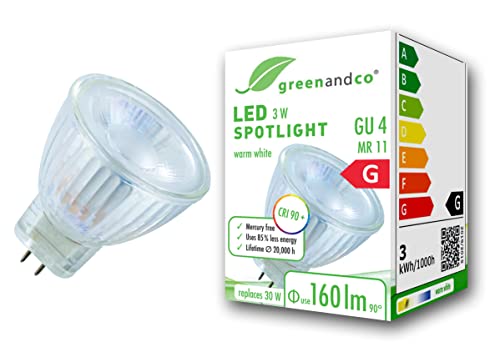 greenandco® CRI 90+ LED Spot ersetzt 20W GU4 MR11 Strahler, MCOB 3W 160lm 3000K warmweiß 38° 12V AC/DC flimmerfrei nicht dimmbar 2 Jahre Garantie von greenandco