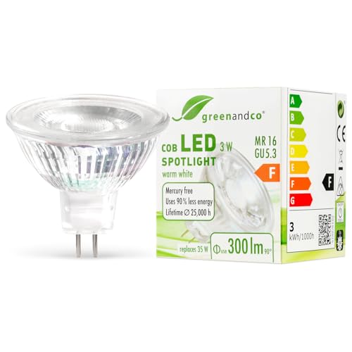 greenandco® MR16 GU5.3 LED Spot, 3W 300 lm 38° 2700K warmweiß COB LED 12V AC/DC, nicht dimmbar, 2 Jahre Garantie von greenandco