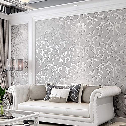 Greensen Selbstklebende Wasserdicht Wandtapete ‎10Mx53CM 3D Luxus Geprägte Tapetenrolle Blattmuster WallPaper Roll Wandpapier für Schlafzimmer Wohnzimmer TV Hintergrund, Silber von Greensen