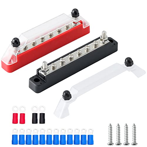 Greluma 1 Paar 8-Wege-Stromverteilung-Klemmenblock, 8-Poliges Batterie-Sammelschienen-Kit, 2 x M6 (1/4 Zoll) Pfosten, 6 x M4 (#8) Schraubenklemmen mit Ringkabelschuhen von Greluma