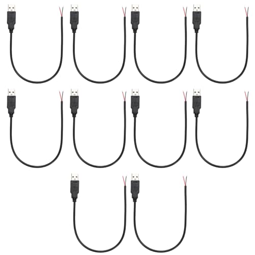 Greluma 10 Stk 0,3 m USB-Pigtail, 22 AWG 2 adriges USB 2.0 Kabel, 2 poliges blankes Kabel mit offenem Ende, 0,3 m langes USB-Steckerkabel, 12 V 3 A USB-Stecker-Stromkabel von Greluma