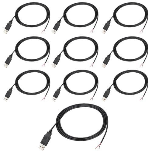 Greluma 10 Stk 1 Meter USB-Stecker-Pigtail, 22 AWG 2-adriges USB 2.0-Kabel, 2-poliger blanker Draht mit offenem Ende, 1 m USB-Stecker-Kabel, 12 V 3 A USB-Stecker-Stromkabel, schwarze Farbe von Greluma