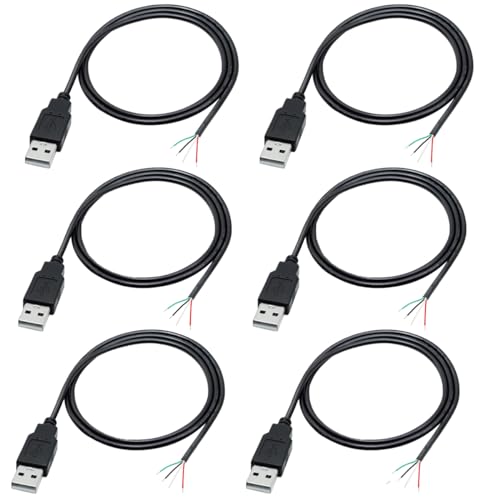 Greluma 6 Stk 1 m USB Stecker Pigtail, 22 AWG 4 Draht USB 2.0 Kabel, 4-poliger blanker Draht mit offenem Ende, 1 Meter USB Stecker Kabel, 12 V USB Stecker Stromkabel von Greluma