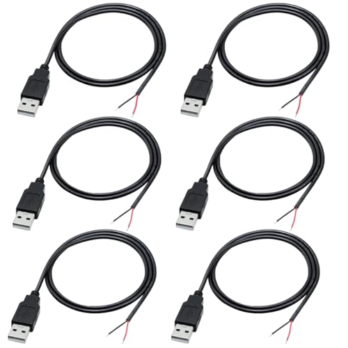 Greluma 6 Stk 22 AWG USB-Pigtail, 2-adriges USB 2.0-Kabel, 2-poliger blanker Draht mit offenem Ende, 1 m langes USB-Steckerkabel, 12 V 3 A USB-Stecker-Stromkabel, schwarze Farbe von Greluma