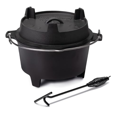 Grillfürst Dutch Oven Set ca. 6 Liter - stabil stehender Feuertopf durch spezielle T-Füße, hitzebeständiger Gusseisen Topf, Deckel als Pfanne nutzbar, DO 6 inkl. Deckelheber 35cm von Grillfürst