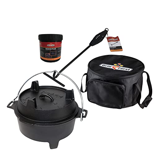 Grillfürst Dutch Oven ca. 4 Liter - stabil stehender Feuertopf durch speziell entwickelte T-Füße, hitzebeständiger Gusseisen Topf, Deckel nutzbar, DO4 inkl. Deckelheber, Tasche und Pflegepaste von Grillfürst