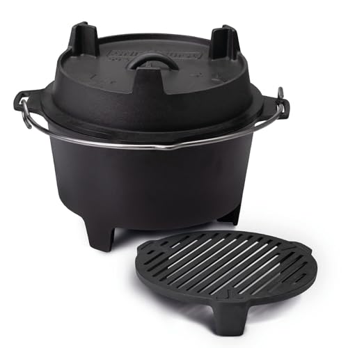 Grillfürst Dutch Oven ca. 6 Liter - stabil stehender Feuertopf durch speziell entwickelte T-Füße, hitzebeständiger Gusseisen Topf, Deckel als Pfanne nutzbar, DO 6 inkl. Stapelrost Feuerrost von Grillfürst