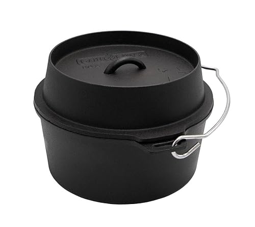 Grillfürst Dutch Oven ca. 6 Liter - stabil stehender Feuertopf mit flachem Boden ohne Füße, hitzebeständiger Gusseisen Topf, Deckel als Pfanne nutzbar, rund, DO 6 von Grillfürst