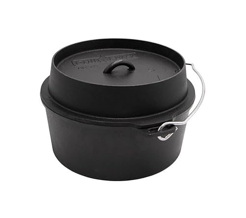 Grillfürst Dutch Oven ca. 7,5 Liter - stabil stehender Feuertopf mit flachem Boden ohne Füße, hitzebeständiger Gusseisen Topf, Deckel als Pfanne nutzbar, rund, DO 7,5 von Grillfürst