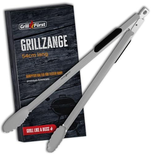 Grillfürst Edelstahl Grillzange 54 cm - BBQ Grillzange mit Kunststoffgriff - Grillwerkzeug mit Ösen zum Aufhängen von Grillfürst