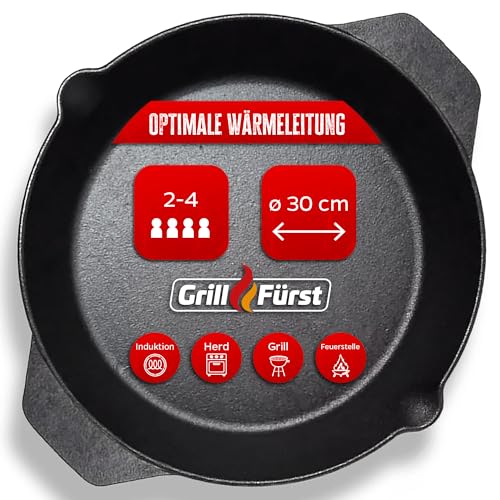 Grillfürst Gusseisenpfanne Grill mit zwei Henkel-Griffen Ø 30 cm - massive Gusspfanne mit hohem Rand, extrem hitzebeständige Gusseisen Pfanne für Gasgrill, Herd und Feuer von Grillfürst