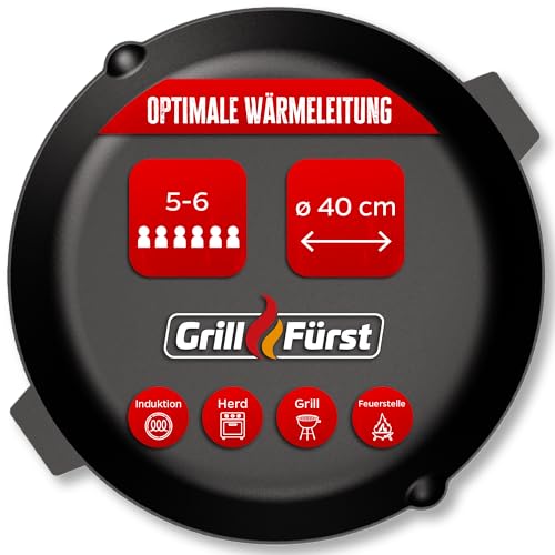 Grillfürst Gusseisenpfanne Grill mit Zwei Henkel-Griffen Ø 40 cm - Massive Gusspfanne mit hohem Rand, extrem hitzebeständige Gusseisen Pfanne für Gasgrill, Herd und Feuer von Grillfürst