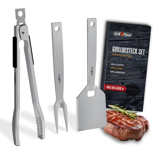 Grillfürst Premium Edelstahl BBQ Grillbesteck - 3-teiliges Grill-Set bestehend aus Grillzange, Grillwender und Grillgabel, Grillwerkzeug mit Ösen zum Aufhängen von Grillfürst