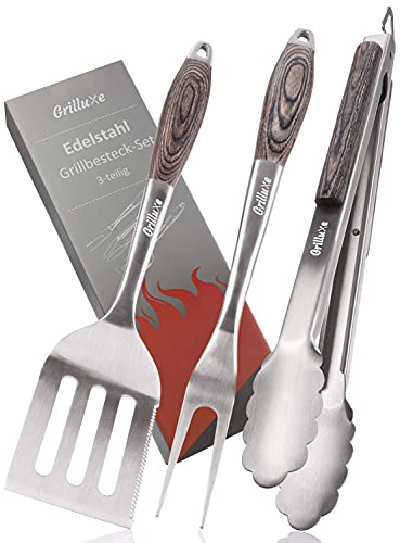 Grilluxe® Premium Grillbesteck Set, 3-teilig | Deluxe BBQ Tool Set | Pakkaholz + Edelstahl | Extra lang | Grillzange + Grillwender + Fleischgabel | Grills und Backöfen | Integrierter Flaschenöffner von Grilluxe