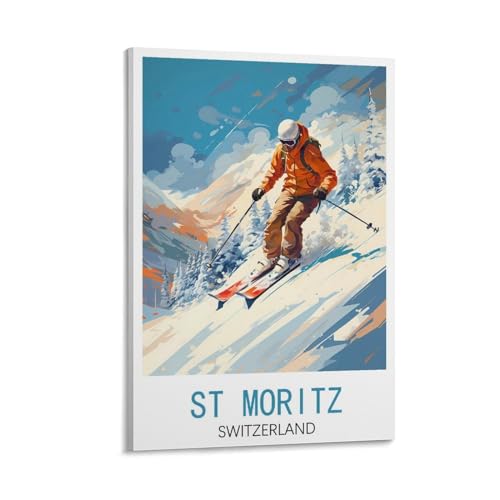 GuYaNa St. Moritz Schweiz Ski-Vintage-Reise-Poster, Landschaft, 30 x 45 cm, Leinwand-Kunstdruck, Gemälde für Wanddekoration, Wohnzimmer, Schlafzimmer von GuYaNa