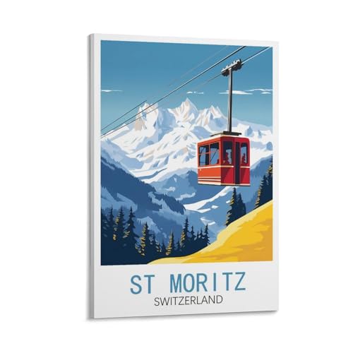 GuYaNa St. Moritz Schweiz Vintage Reiseposter Landschaft 30 x 45 cm Leinwand-Kunstdruck Gemälde für Wanddekoration Wohnzimmer Schlafzimmer von GuYaNa