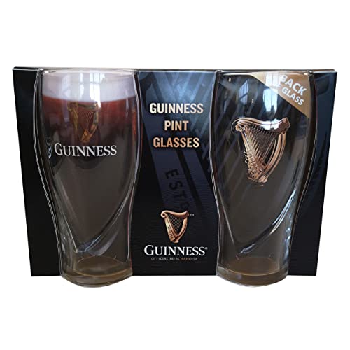 Guinness , Glas , Set aus Zwei Geprägte Schwerkraft 20-Unzen-Biergläsern mit Logo- und Harfen-Design von Guinness