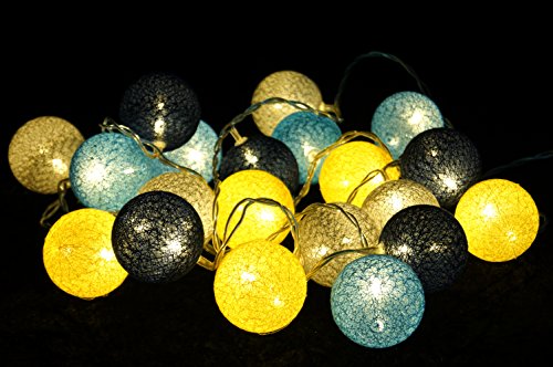 GURU SHOP Stoff Ball Lichterkette, LED Kugel Lampion Lichterkette - Grau/blau/gelb, Baumwollfäden, 6x6x435 cm, Lichterketten von GURU SHOP