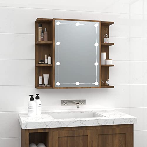 GuyAna Spiegelschrank mit LED Braun Eichen-Optik 70x16,5x60 cm Badezimmerschrank Mit Spiegel Alibertschrank Bad von GuyAna