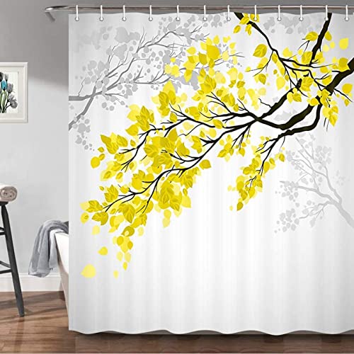 Blatt-Duschvorhang, gelber und Grauer Blätter-Baum-Zweig-Kunstdruck, Polyester-Gewebe-Badevorhang für Badezimmer-Dekoration 180x260cm/71x102in(WxH) von Guying Art