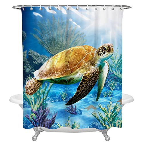 Duschvorhänge für Badezimmer Ozean Kreatur Schildkröte Koralle Vorhang Frabic Wasserdichter Polyester Badezimmervorhang mit Haken 260x200cm/102x79in(BxH) von Guying Art