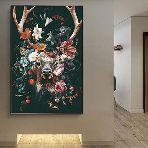 Poster für Schlafzimmer, modernes Tier, Hirsch, Blumen, Kunstposter und Drucke, Leinwand, Gemälde, Wandkunst, Bilder für Wohnzimmer, Dekoration, 60 x 80 cm (24 x 31 Zoll), rahmenlos von Guying Art