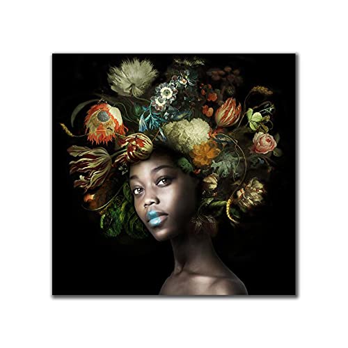 Schwarzes Mädchen auf Leinwand, afrikanische Frauen mit Blumen auf dem Kopf, Poster, Drucke, Wandkunst, Bilder für Wohnzimmer, Wanddekoration, 60 x 60 cm (24 x 24 Zoll), ohne Rahmen von Guying Art
