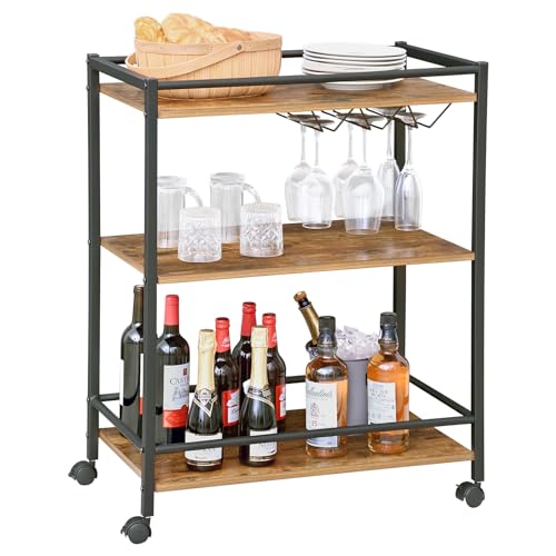 H JINHUI Getränkewagen, 3 Etagen Barwagen mit Feststellbaren Rädern, Servierwagen mit Weinregal, Servieren Cocktail Alkoholwagen für Küche, Wohnzimmer, Esszimmer, 68 x 40 x 85 cm, Rustikales Braun von H JINHUI