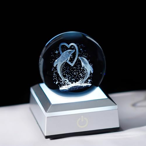 3D Liebes Doppeldelfin Kristallkugel Ornamente mit buntem LED Lichtsockel, Geschenke für Kinder Frau Mutter Delfinliebhaber, Geburtstagsgeschenke Lampe Jahrestag Heimdekoration Nachtlicht von H&D Hyaline&Dora