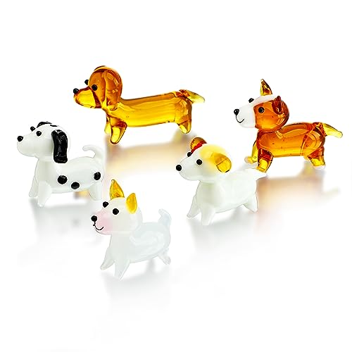 H&D Hyaline&Dora 5 Stück mundgeblasene Hundefiguren aus Glas, Miniatur-Glas-Hundefiguren-Set, geblasenes Glas, Tierfigur für Sammlerstück, Heimdekoration, Geschenk von H&D Hyaline&Dora