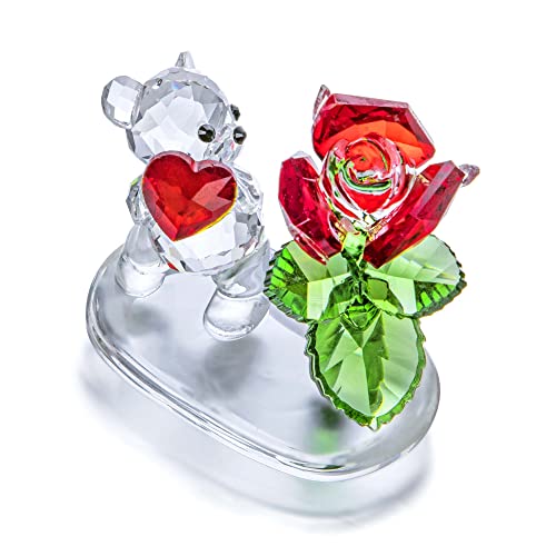 H&D HYALINE & DORA Kristallbär-Herz und rote Rose, Kristall-Tierfigur, Sammlerstück, geschliffenes Glas, Kunsthandwerk, Ornament mit Glassockel für Zuhause, Tischdekoration, Frauen, in Geschenkbox von H&D Hyaline&Dora