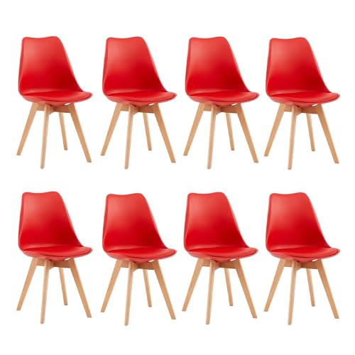 H.J WeDoo 8er Set Küchenstühle Esszimmerstühle Modern Esszimmermöbel,Mit Massivholz Buchenholz Bein und Kissen aus PU-Leder,Rot von H.J WeDoo