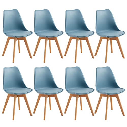 H.J WeDoo Set mit 8 skandinavischen Esszimmerstühlen, skandinavischer Stuhl mit Kissen aus hellblauem Leder & massivem Buchenholz, hellblau von H.J WeDoo