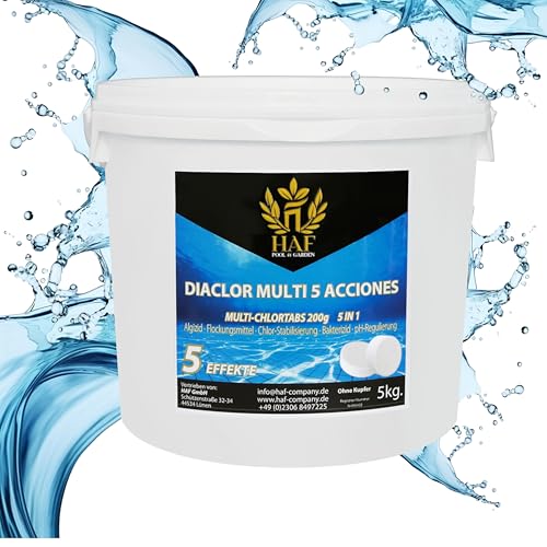 HAF® Pool Chlor Multitabs 5 in 1 | 5 kg | Langsam lösliche 200g Multi Chlortabletten mit 5 Phasen zur Pflege & Reinigung für kristallklares Poolwasser - Qualität: Made in Europe - Menge: 1 x 5 kg von HAF