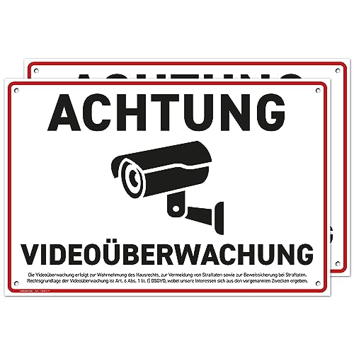 HAGEFOL® Achtung Videoüberwachung Schild, 2er Set, (30x20 cm - groß) mit 4 Böhrlöchern, inkl. DSGVO Rechtshinweis, für Videoüberwachung aussen, Überwachungskamera oder Kamera Atrappe außen von HAGEFOL