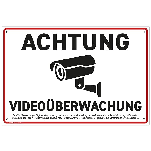 HAGEFOL® Achtung Videoüberwachung Schild (30x20 cm - groß) mit 4 Böhrlöchern, inkl. DSGVO Rechtshinweis, für Videoüberwachung aussen, Überwachungskamera oder Kamera Atrappe außen von HAGEFOL